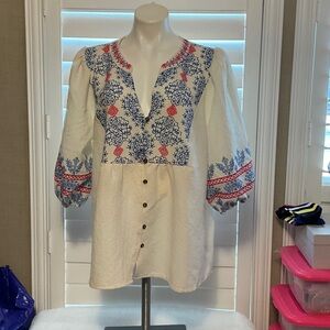 SHEIN Cream Blouse with Blue and Red Embroidery